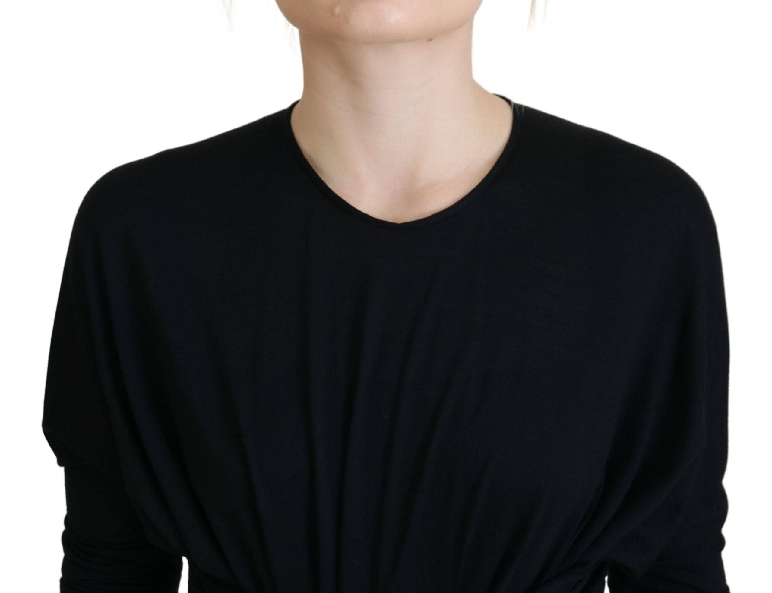 Robe mi-longue noire Dolce & Gabbana en laine à coupe ajustée et style portefeuille, élégante et sophistiquée.