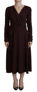 Robe midi marron Dolce & Gabbana à manches longues et ceinture, robe longue extensible élégante pour femme.