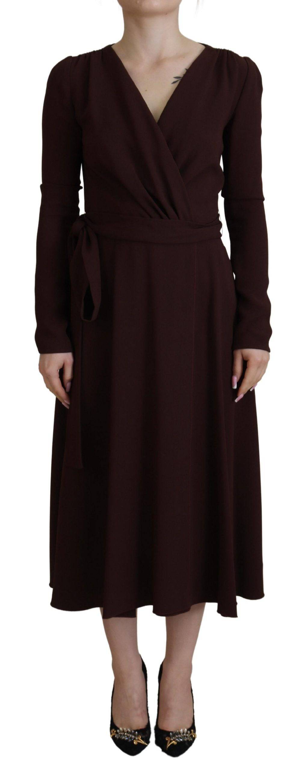 Robe midi marron Dolce & Gabbana à manches longues et ceinture, robe longue extensible élégante pour femme.