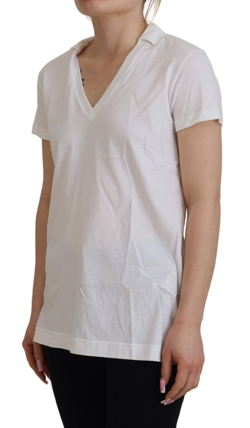 Haut blanc Dolce & Gabbana en coton à manches courtes et col en V, décontracté et élégant.