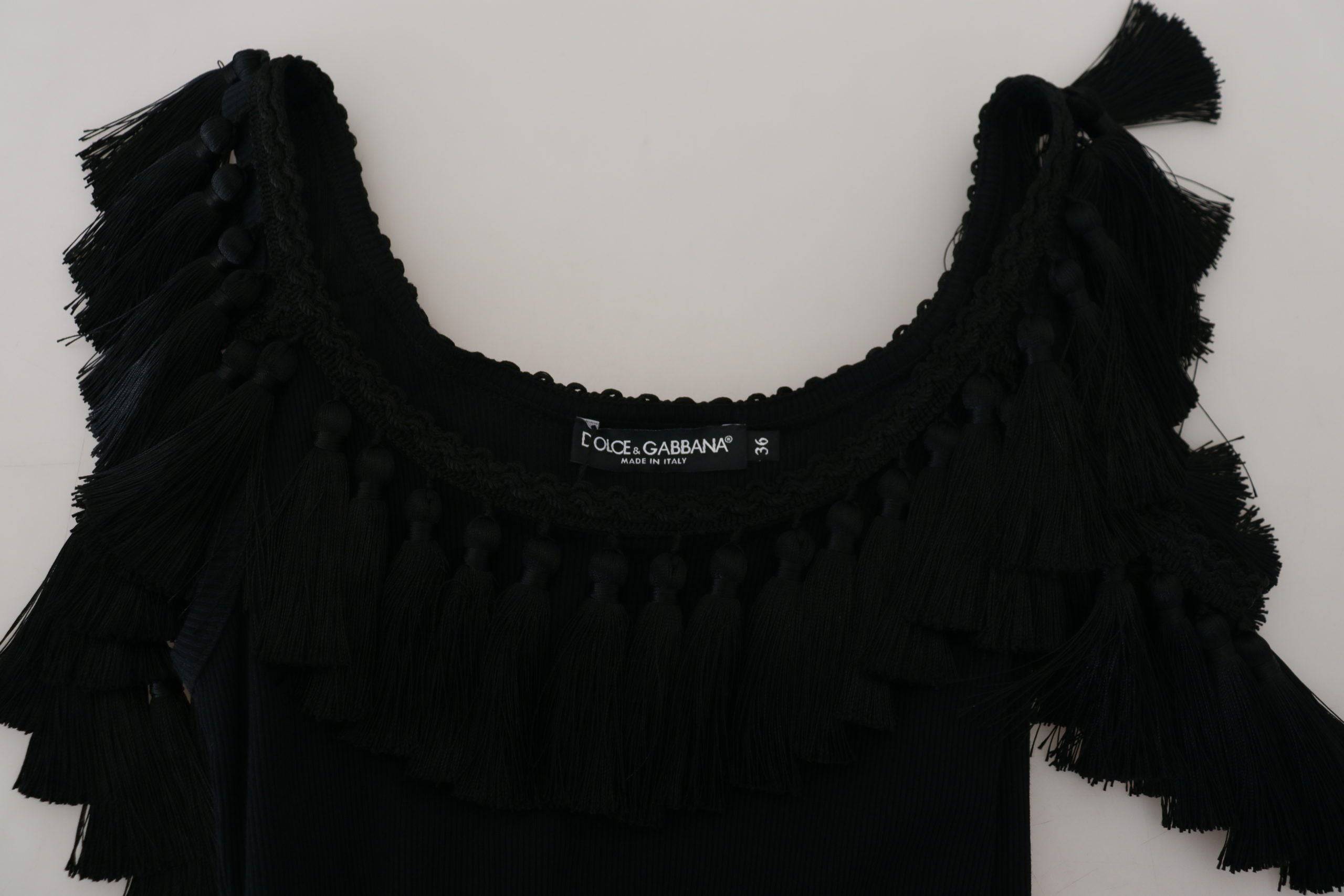Chemisier sans manches noir Dolce & Gabbana en coton avec franges, léger et élégant pour un style sophistiqué.