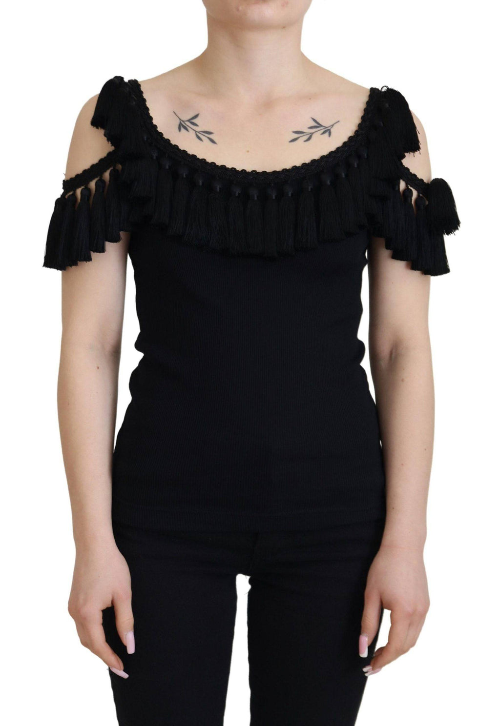 Blouse noire Dolce & Gabbana en coton avec détails de franges et style tank top élégant et décontracté.