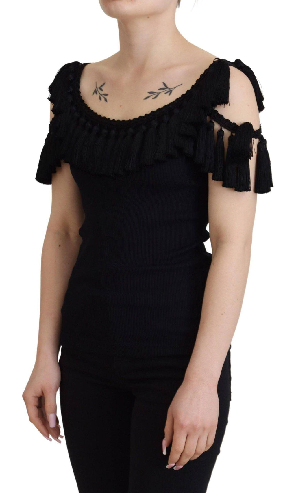 Top sans manches noir Dolce & Gabbana en coton avec franges, blouse élégante et décontractée.