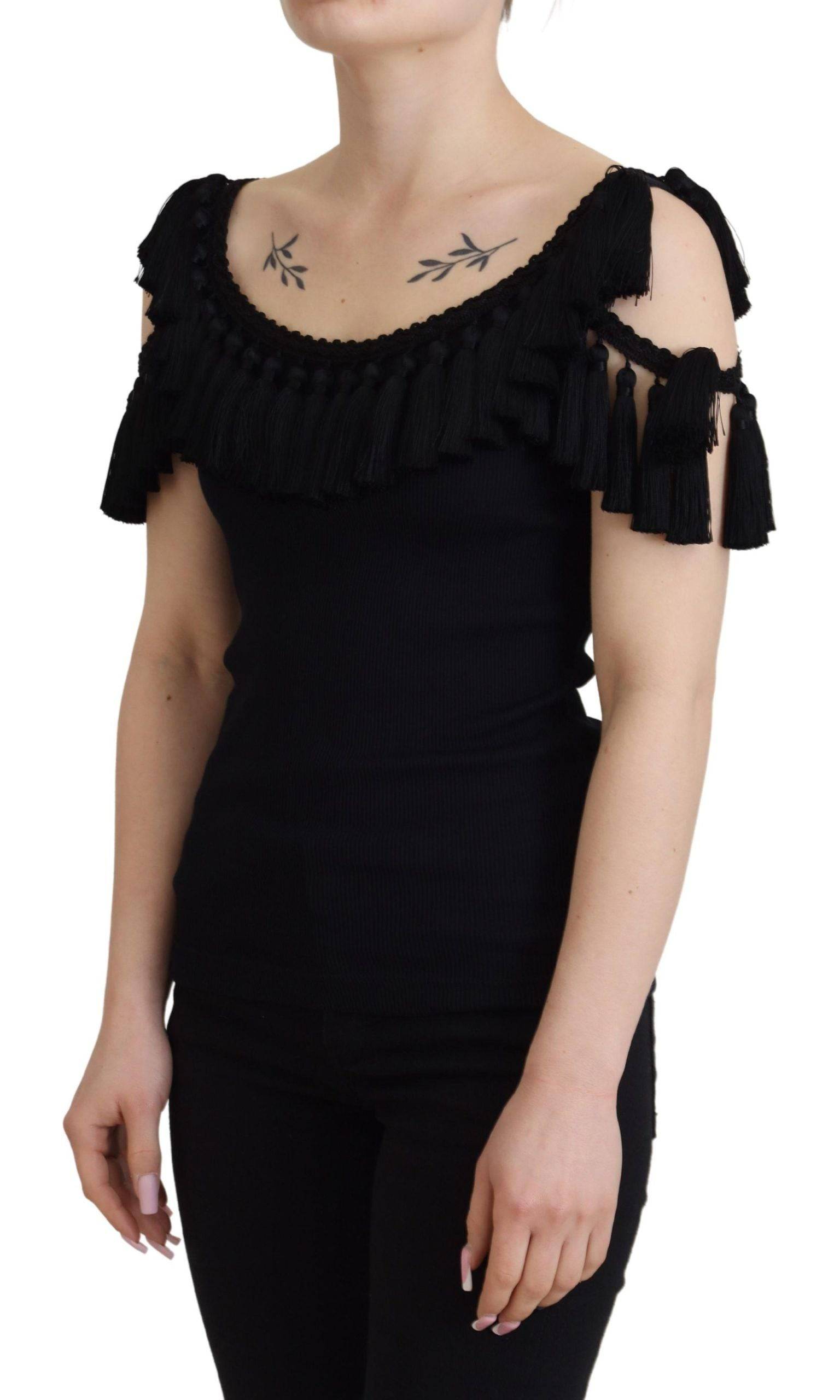 Top sans manches noir Dolce & Gabbana en coton avec franges, blouse élégante et décontractée.