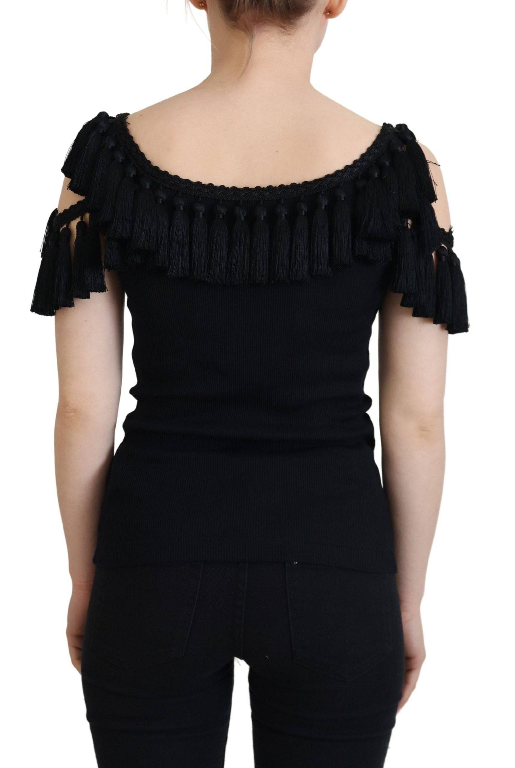 Haut noir en coton Dolce & Gabbana, débardeur avec franges et détails élégants, porté sur un mannequin.