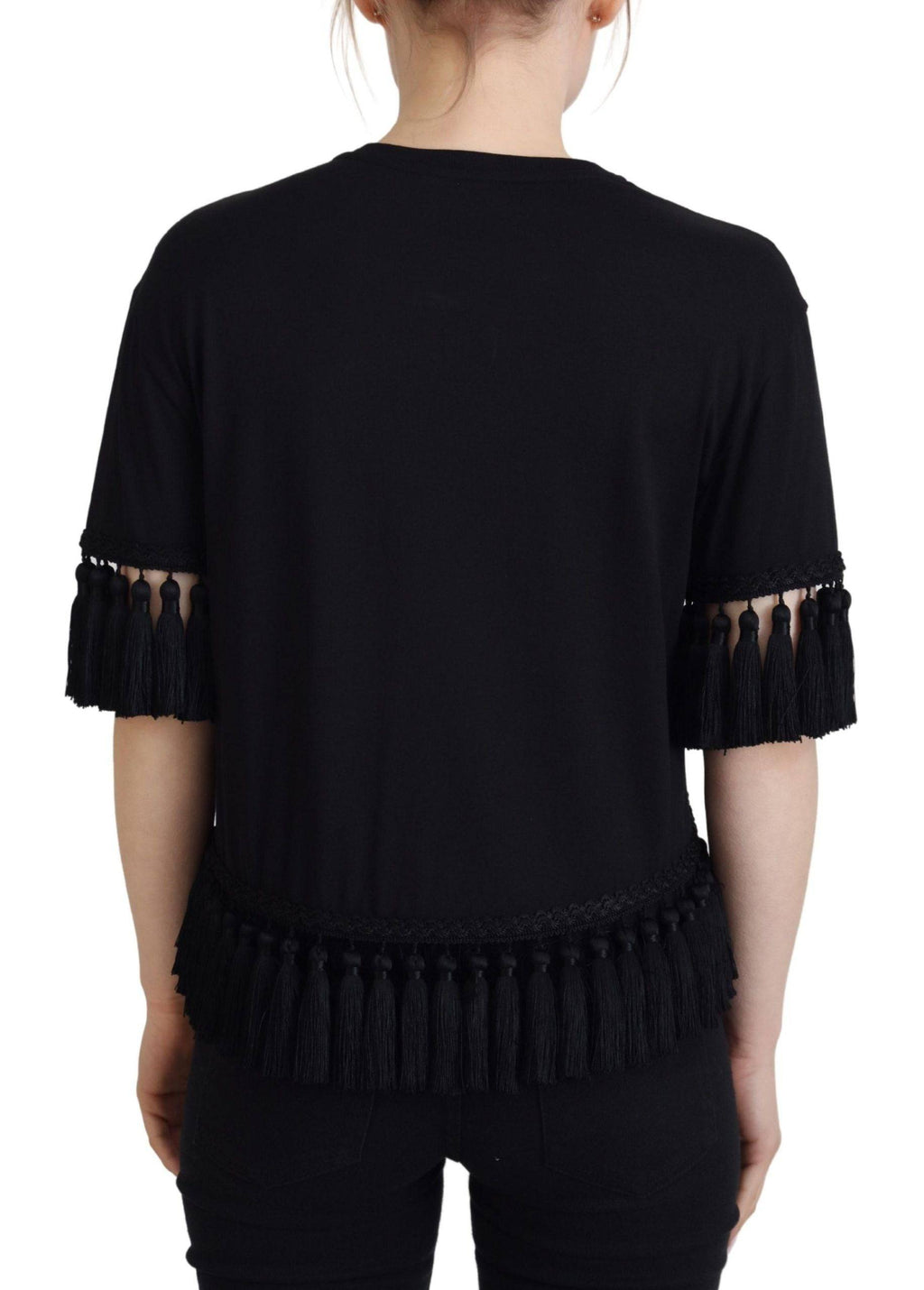 T-shirt blouse noire Dolce & Gabbana en coton avec franges, design élégant, porté sur mannequin.