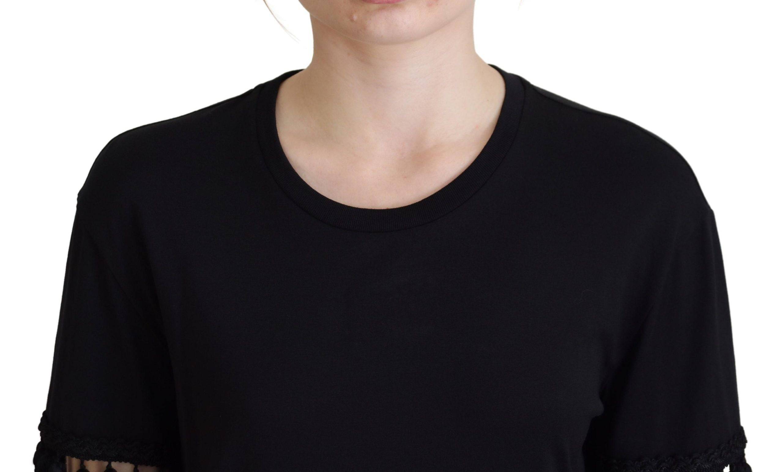 Blouse noire Dolce & Gabbana en coton avec franges, style t-shirt et chemisier, détails élégants et design sophistiqué.
