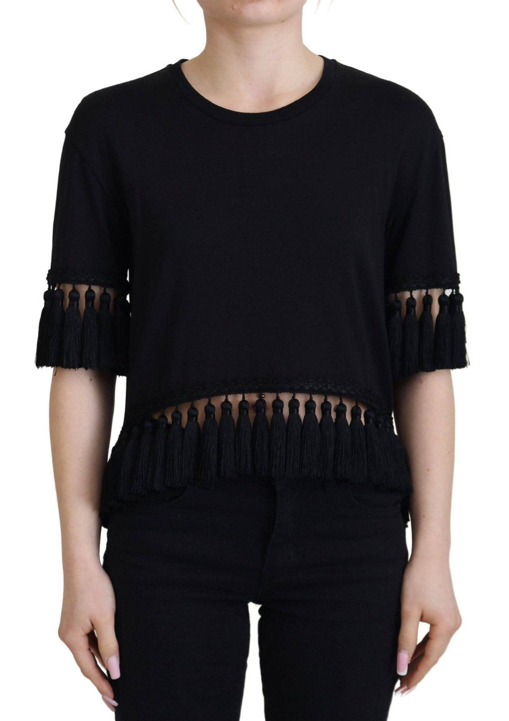 T-shirt et blouse noire Dolce & Gabbana en coton avec détails de franges, style élégant et décontracté.