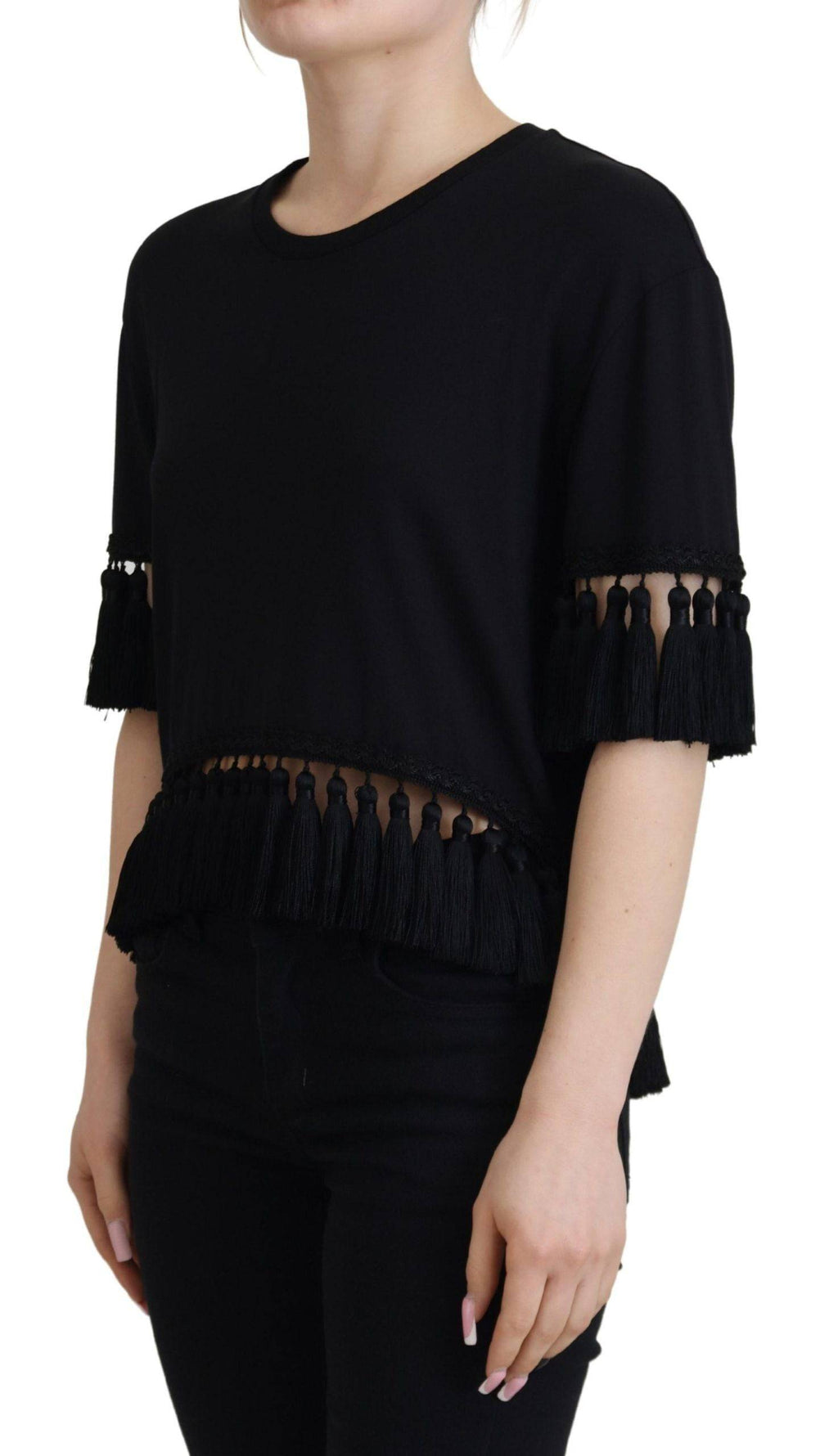T-shirt noir Dolce & Gabbana en coton avec détails de franges et blouse élégante.
