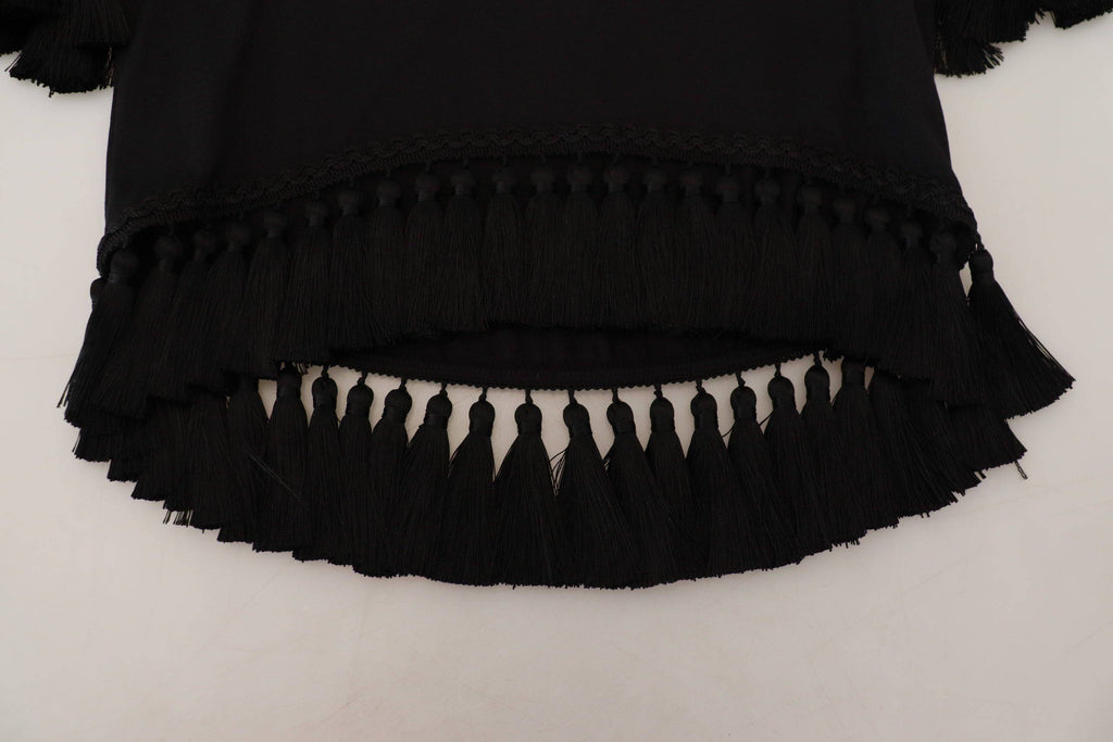 T-shirt blouse noire Dolce & Gabbana en coton avec franges, détails élégants et style sophistiqué visible sur l'image.