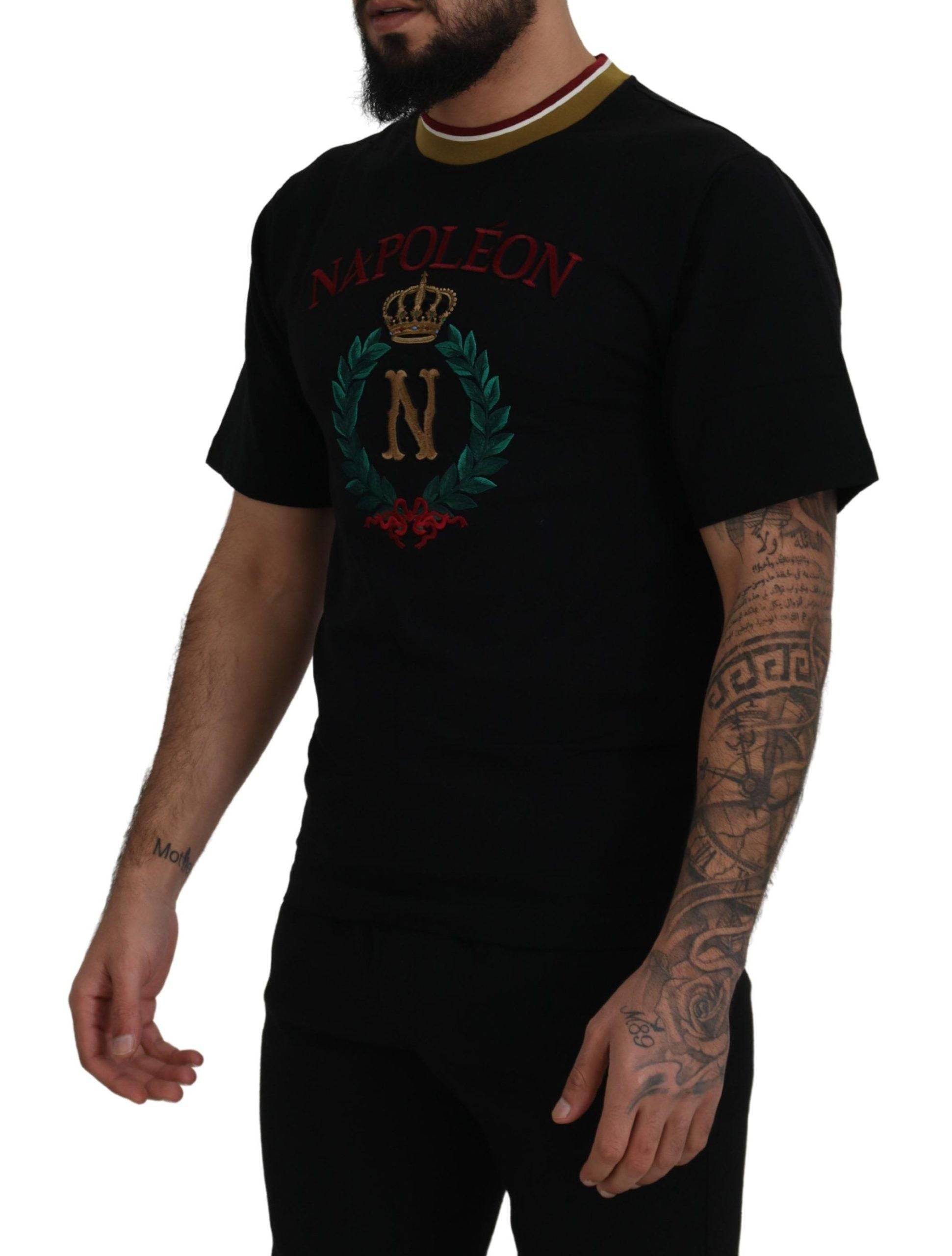 T-shirt noir en coton Dolce & Gabbana avec broderie sur le col rond, style décontracté et élégant.
