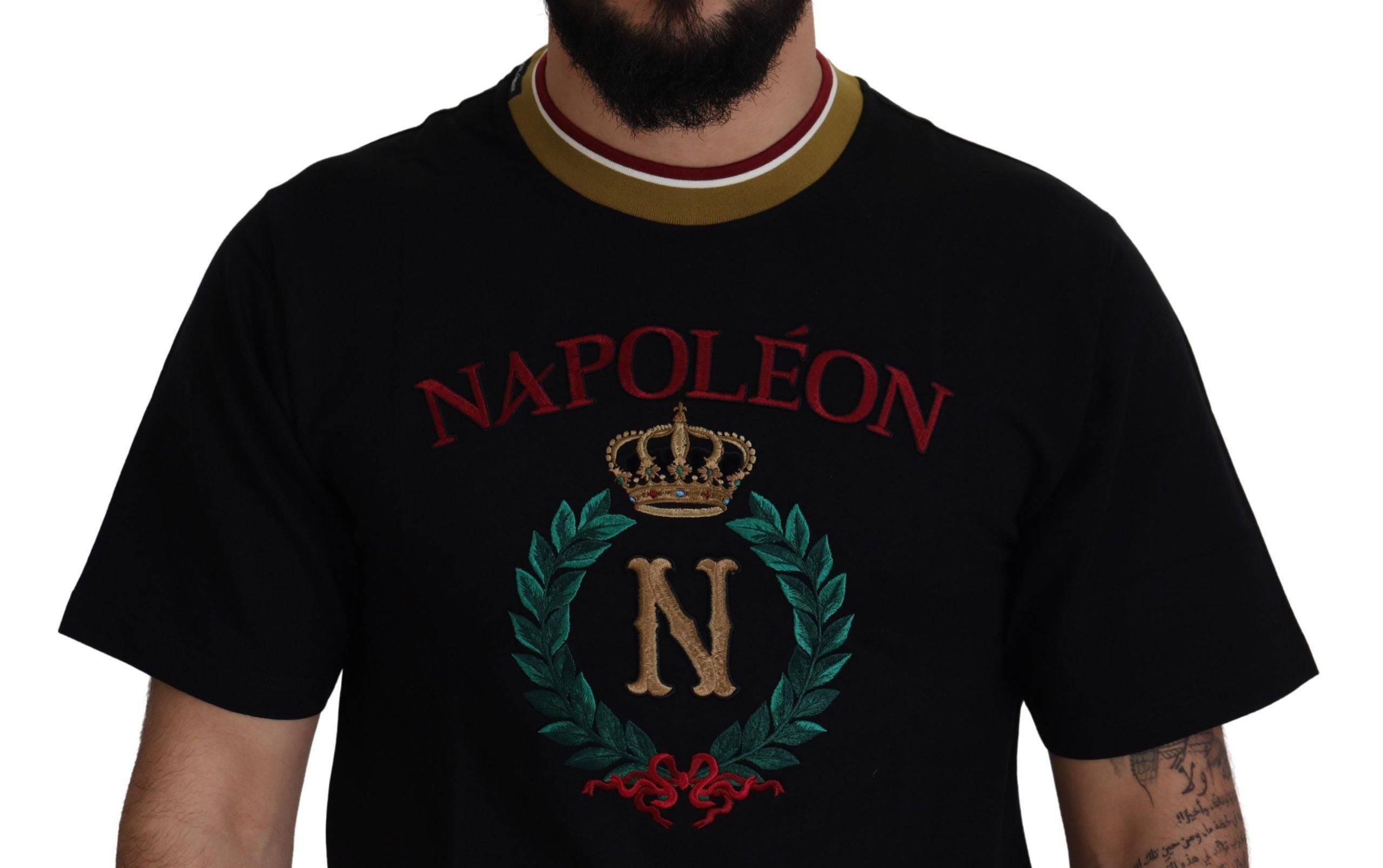 T-shirt à col rond en coton noir Dolce & Gabbana avec broderies élégantes, vue de face.
