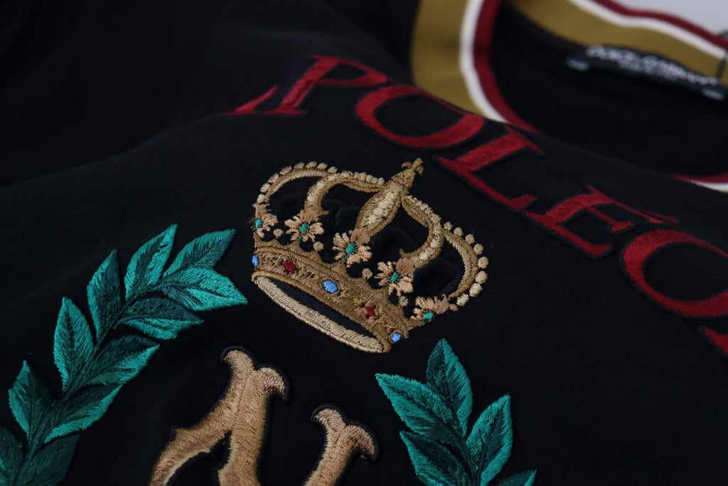 T-shirt à col ras du cou en coton noir Dolce & Gabbana avec broderies élégantes, vue de face.