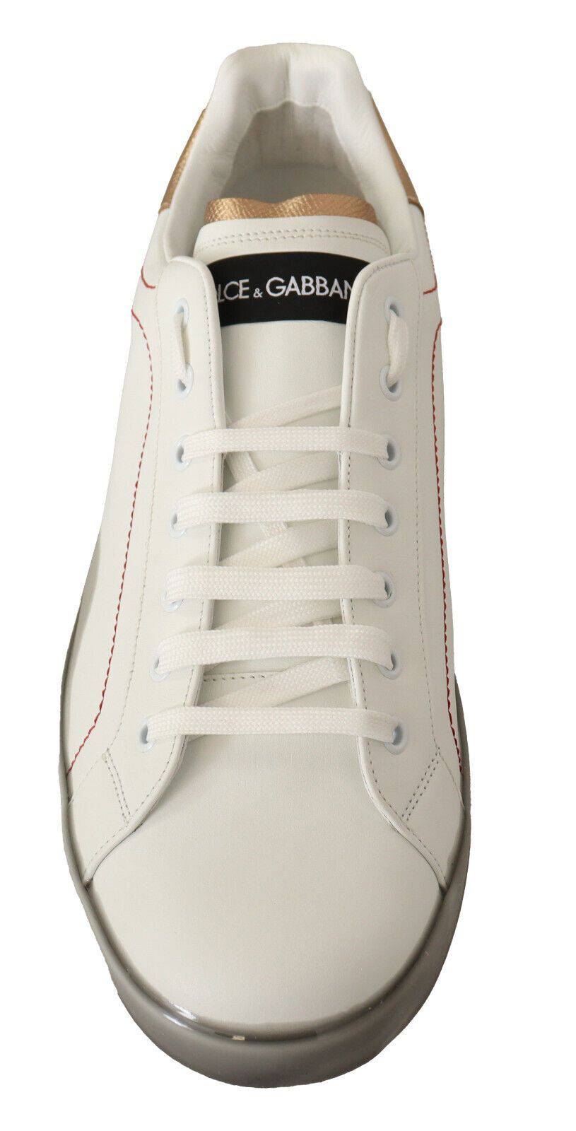 Sneakers bass Dolce & Gabbana en cuir blanc et or, chaussures décontractées élégantes, vue de face.