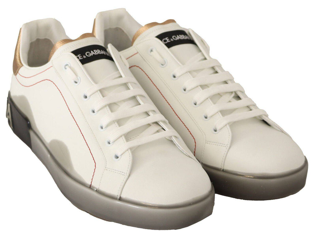 Chaussures basses blanches en cuir Dolce & Gabbana, baskets décontractées en or blanc, design élégant et moderne.