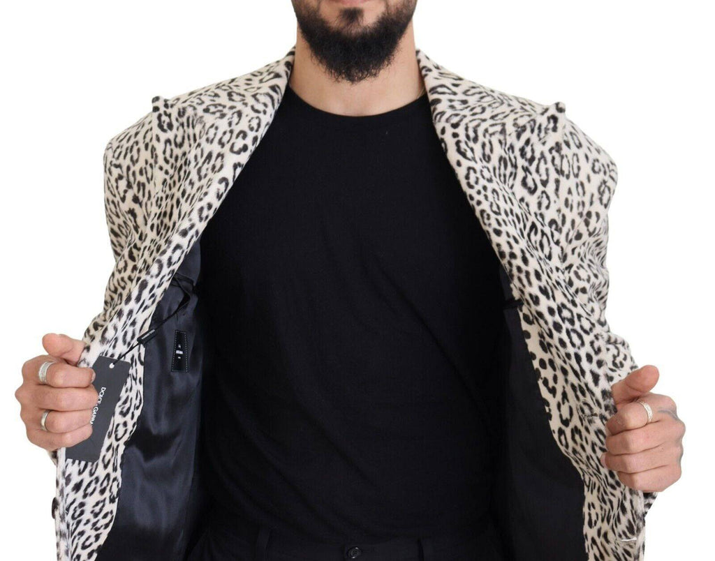 Veste blazer blanche à motif léopard Dolce & Gabbana, coupe simple boutonnage avec col classique, vue de face.