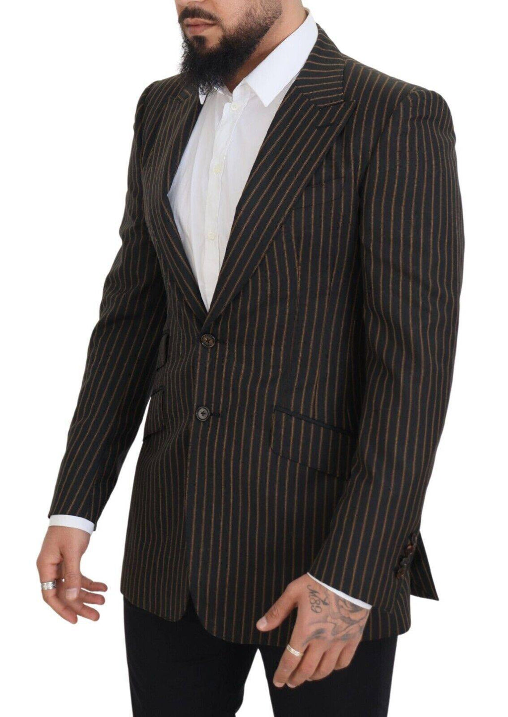 Veste blazer à rayures noires et brunes Dolce & Gabbana, à un seul bouton, style élégant et sophistiqué.