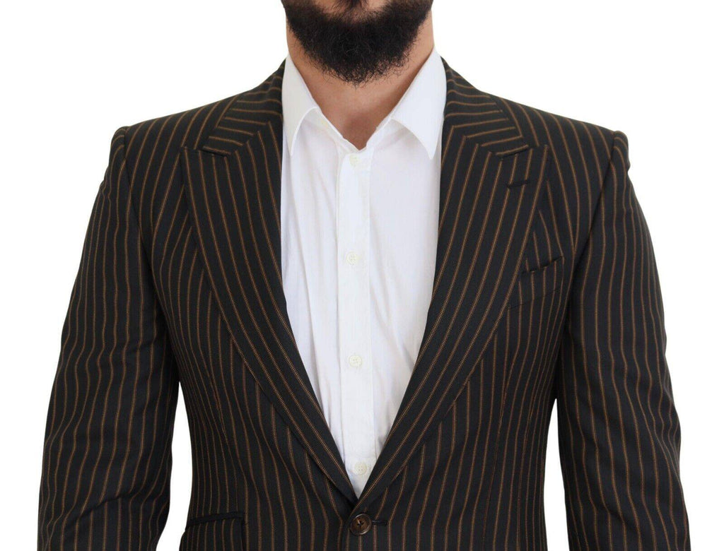 Blazer noir et marron à rayures Dolce & Gabbana, coupe single-breasted, tissu élégant, porté sur un mannequin.