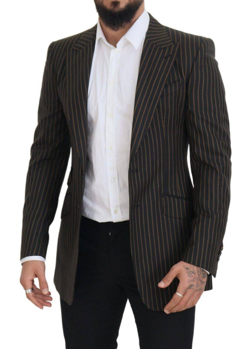 Blazer noir et marron à rayures Dolce & Gabbana, à simple boutonnage, élégant et classique, porté sur un mannequin.