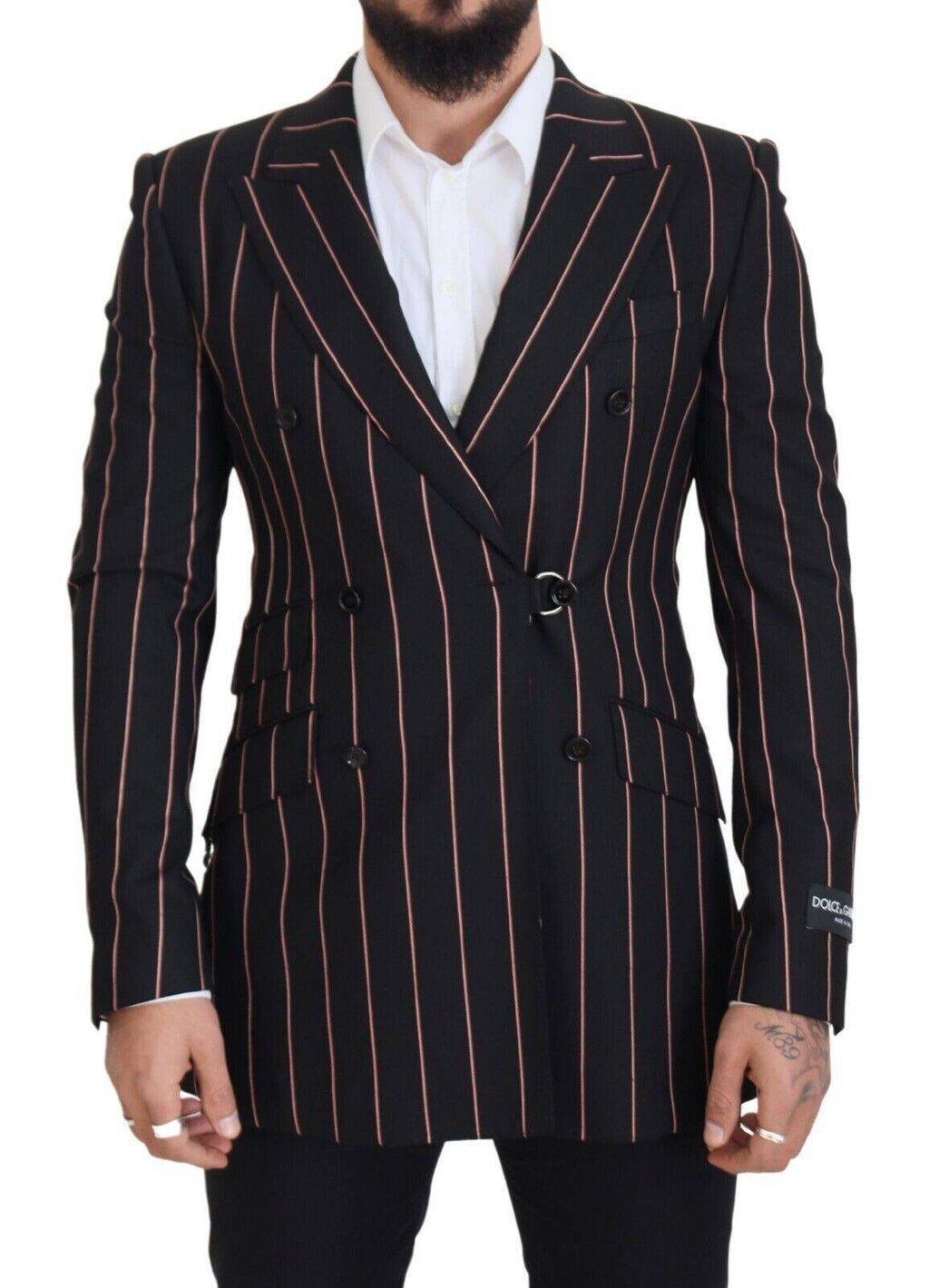 Blazer noir à rayures Dolce & Gabbana en viscose, double boutonnage, style élégant et moderne.