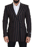 Blazer noir à rayures Dolce & Gabbana en viscose, double boutonnage, style élégant et moderne.