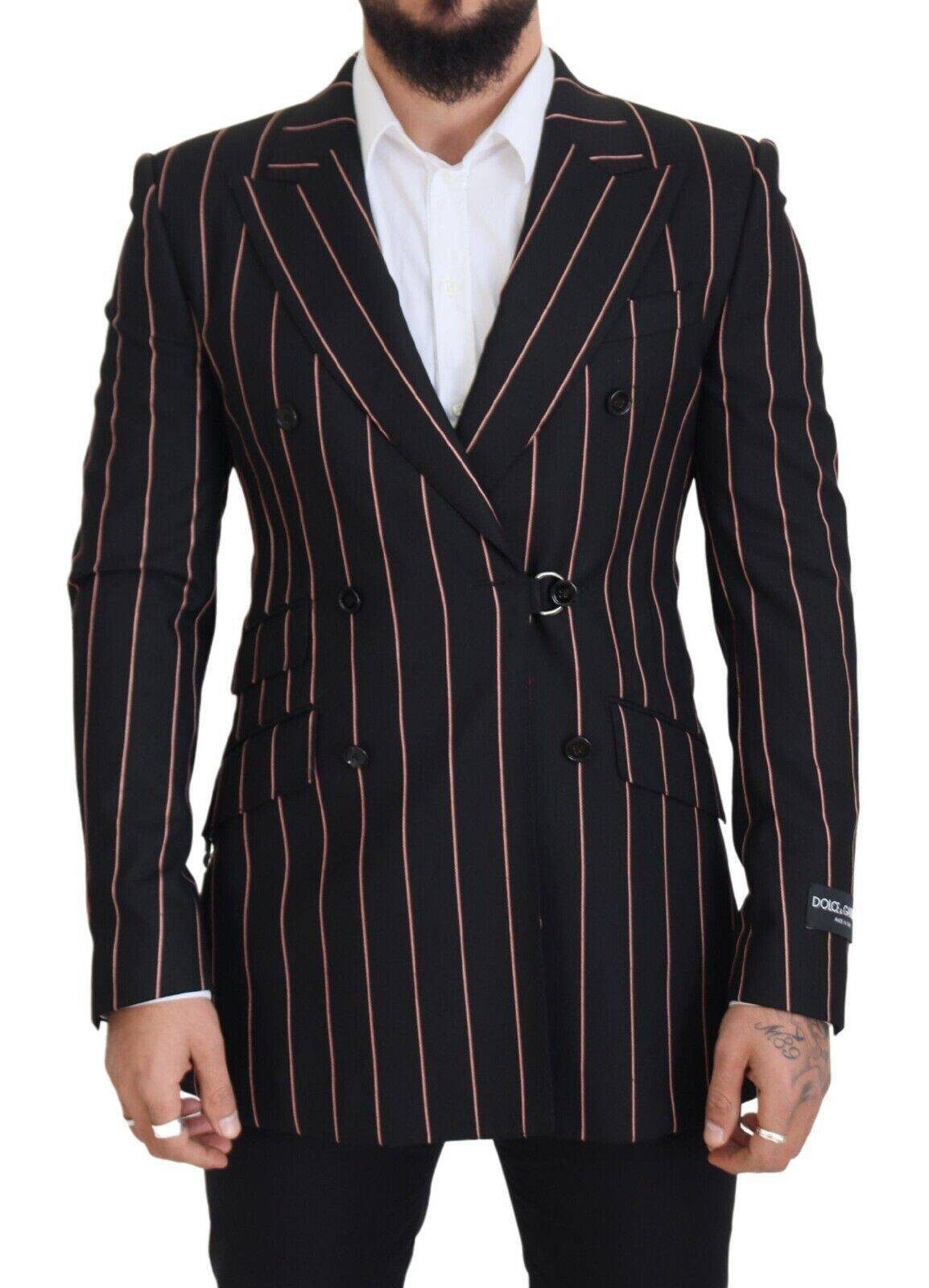 Blazer noir à rayures Dolce & Gabbana en viscose, double boutonnage, style élégant et moderne.