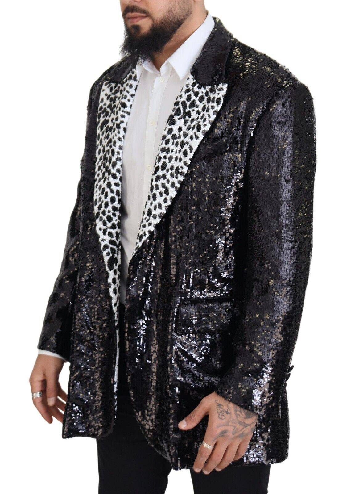 Veste en nylon noire Dolce & Gabbana à sequins avec motif vache, blazer tendance avec détails brillants et design audacieux.