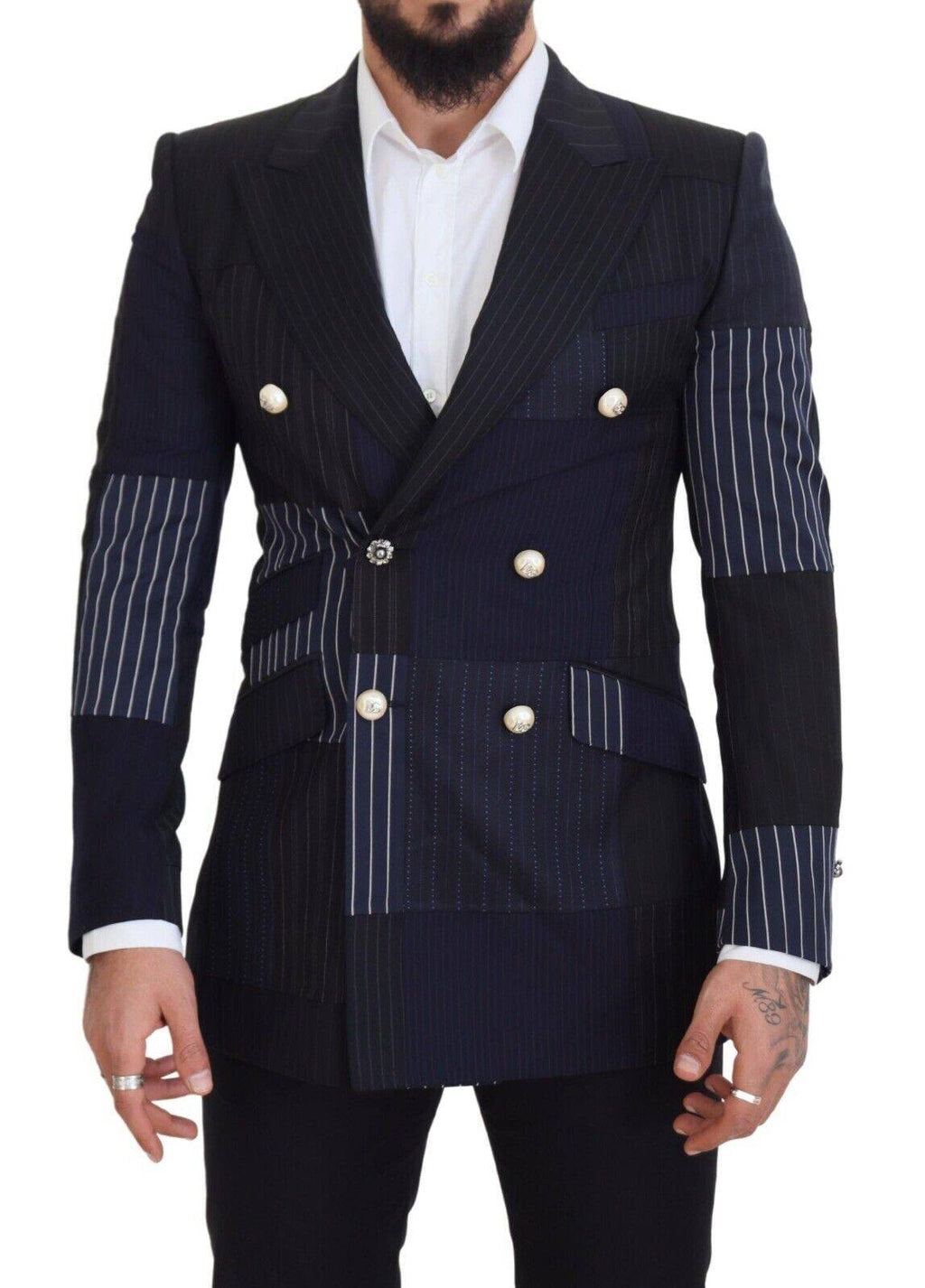 Veste en laine bleue Dolce & Gabbana à patchwork, doublée, à double boutonnage, élégante et tendance.