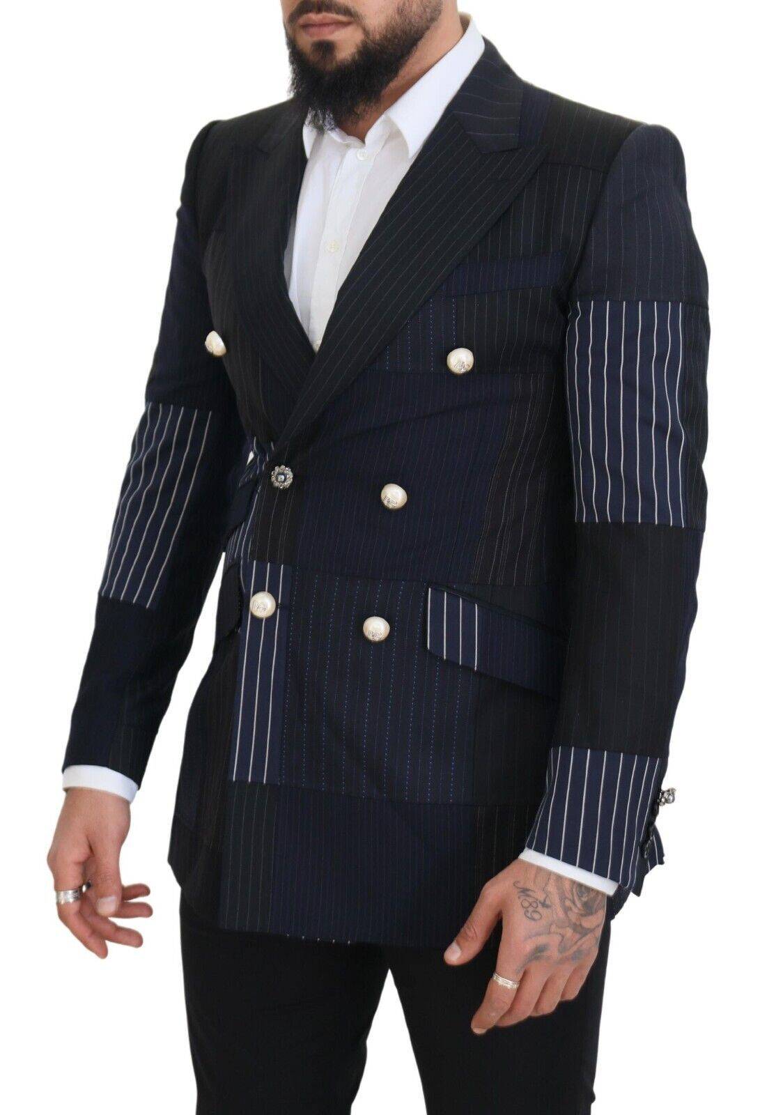 Veste blazer double boutonnage en laine bleue à patchwork Dolce & Gabbana, mode élégante et sophistiquée.