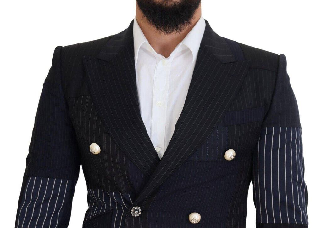 Blazer en laine bleue à patchwork et double boutonnage de Dolce & Gabbana, élégant et sophistiqué, visible en gros plan.
