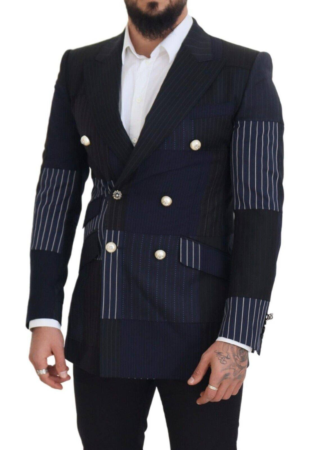 Veste en laine bleue Dolce & Gabbana à carreaux, coupe croisée à double boutonnage, style élégant et sophistiqué.