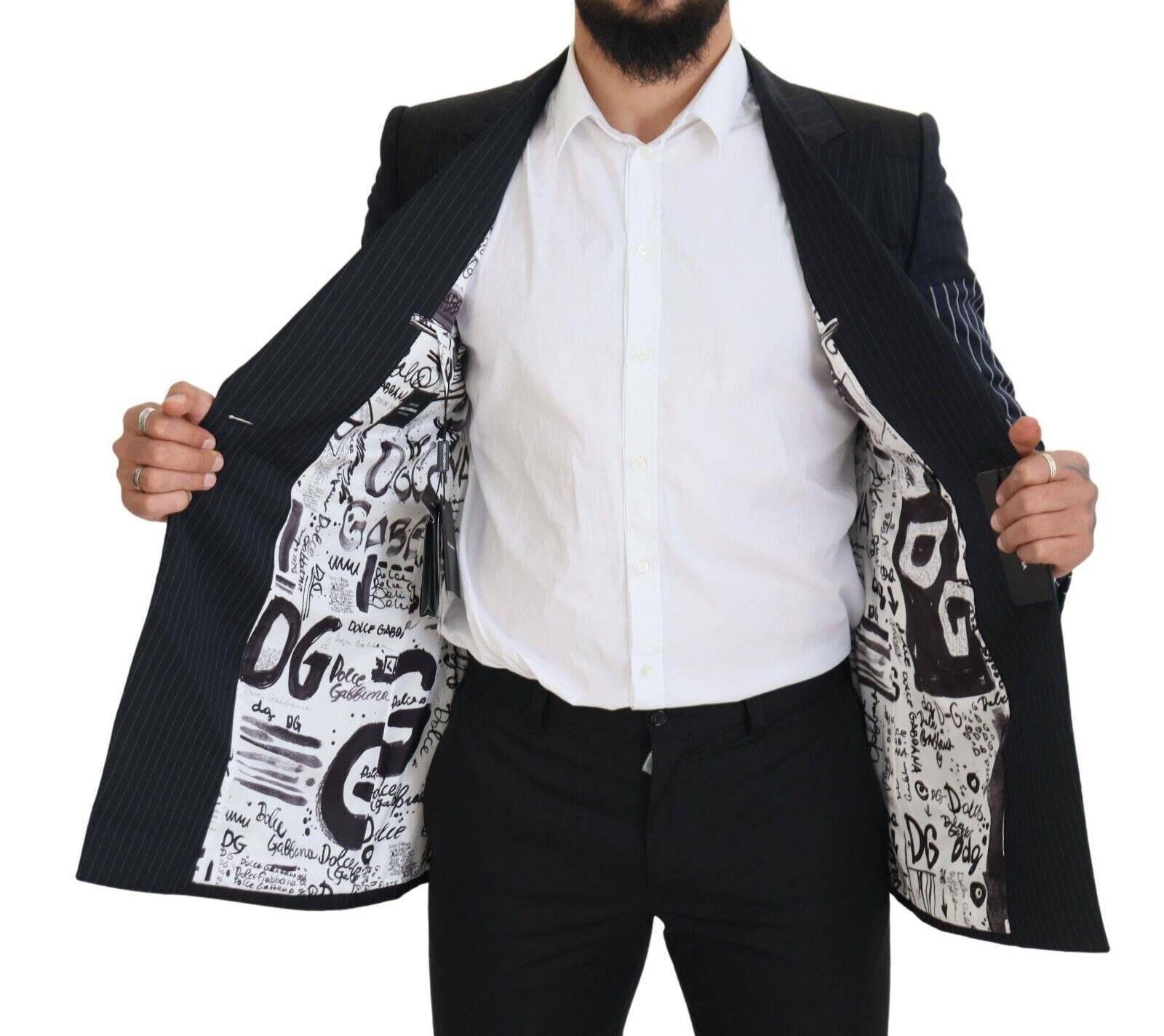 Costume en laine bleue Dolce & Gabbana, blazer double boutonnage à patchwork, style élégant et moderne.