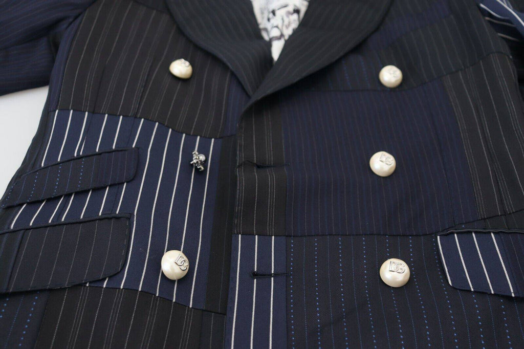Blazer en laine bleu à patchwork double boutonnage de Dolce & Gabbana, style élégant et sophistiqué.
