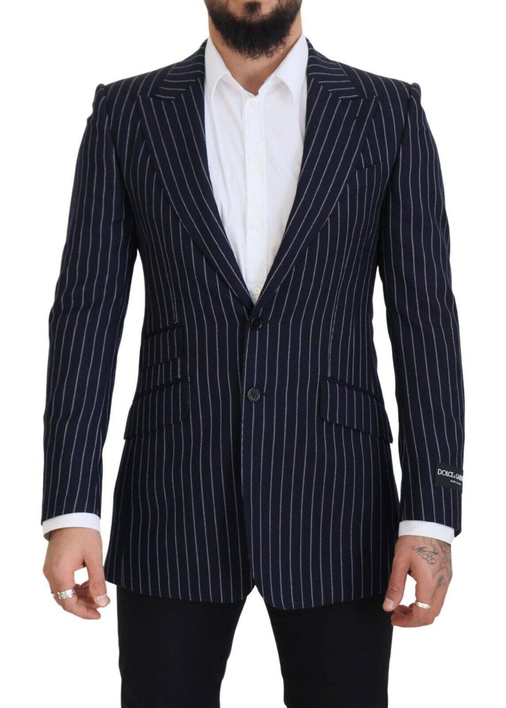 Veste blazer en laine à rayures bleues foncées de Dolce & Gabbana, coupe simple boutonnière, style élégant et sophistiqué.