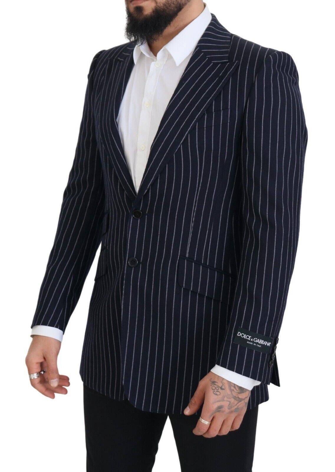 Veste blazer en laine à rayures bleues foncées de Dolce & Gabbana, coupe simple, boutonnière simple, style élégant.