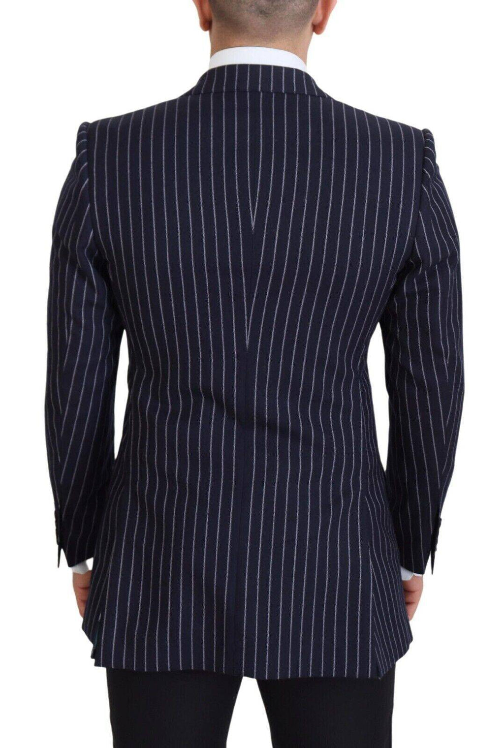 Blazer en laine à rayures bleues foncées de Dolce & Gabbana, blazer à un bouton, coupe classique, détails élégants.