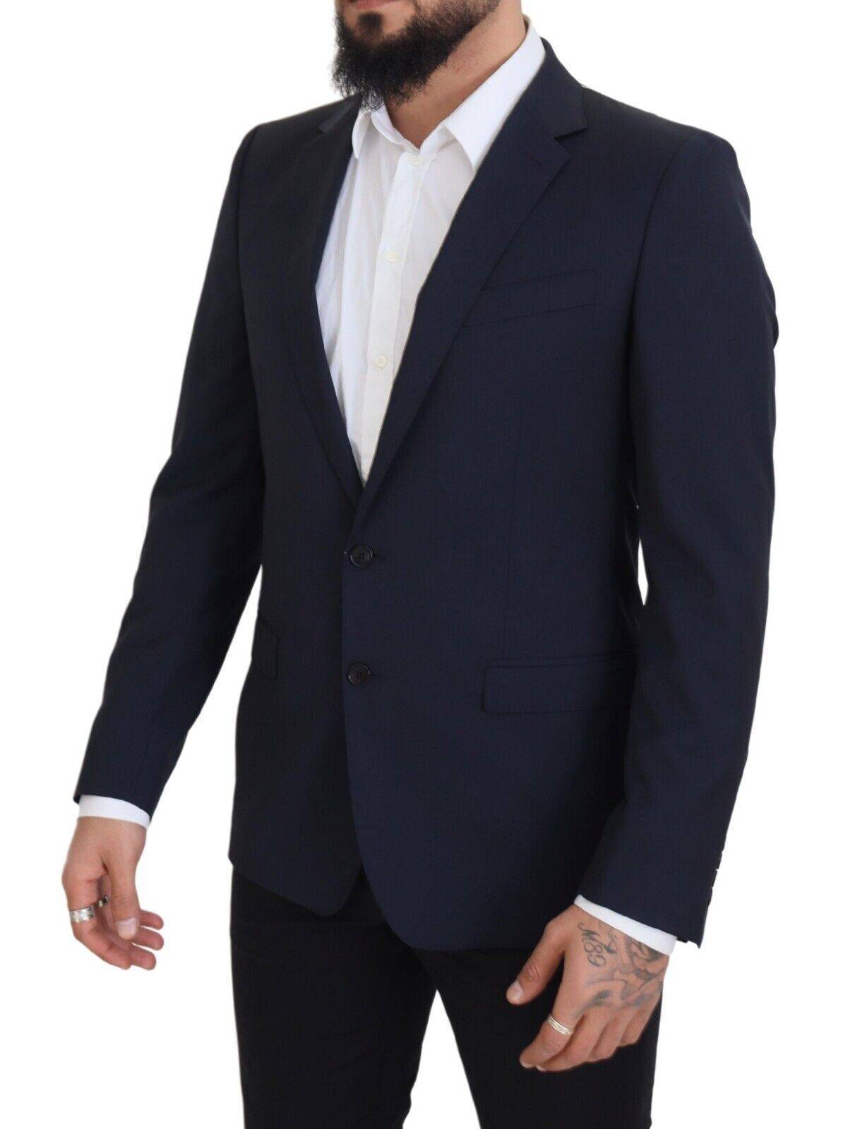 Blazer en laine bleu foncé à un bouton de Dolce & Gabbana, veste masculine à col cranté et coupe élégante.