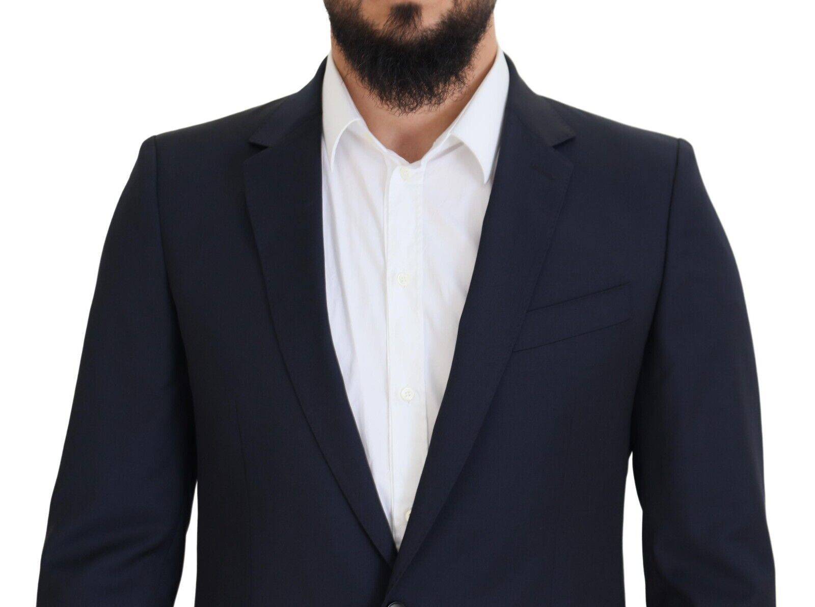 Veste blazer en laine bleu foncé à simple boutonnage de Dolce & Gabbana, style Martini, vue de face.