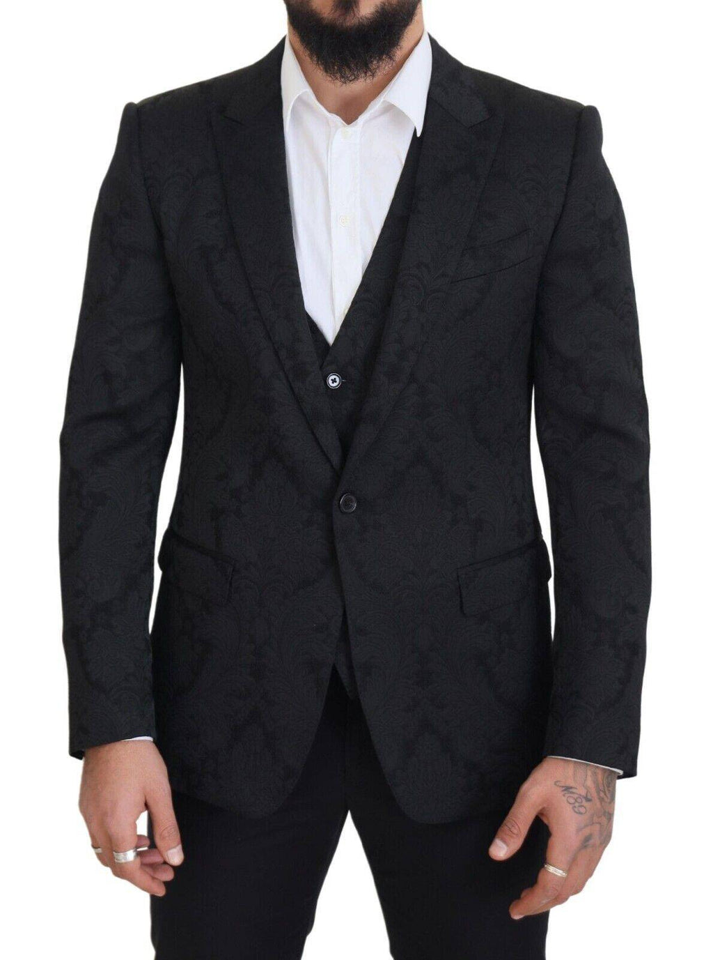 Costume deux pièces Dolce & Gabbana en brocart noir à motifs floraux, élégant et sophistiqué.