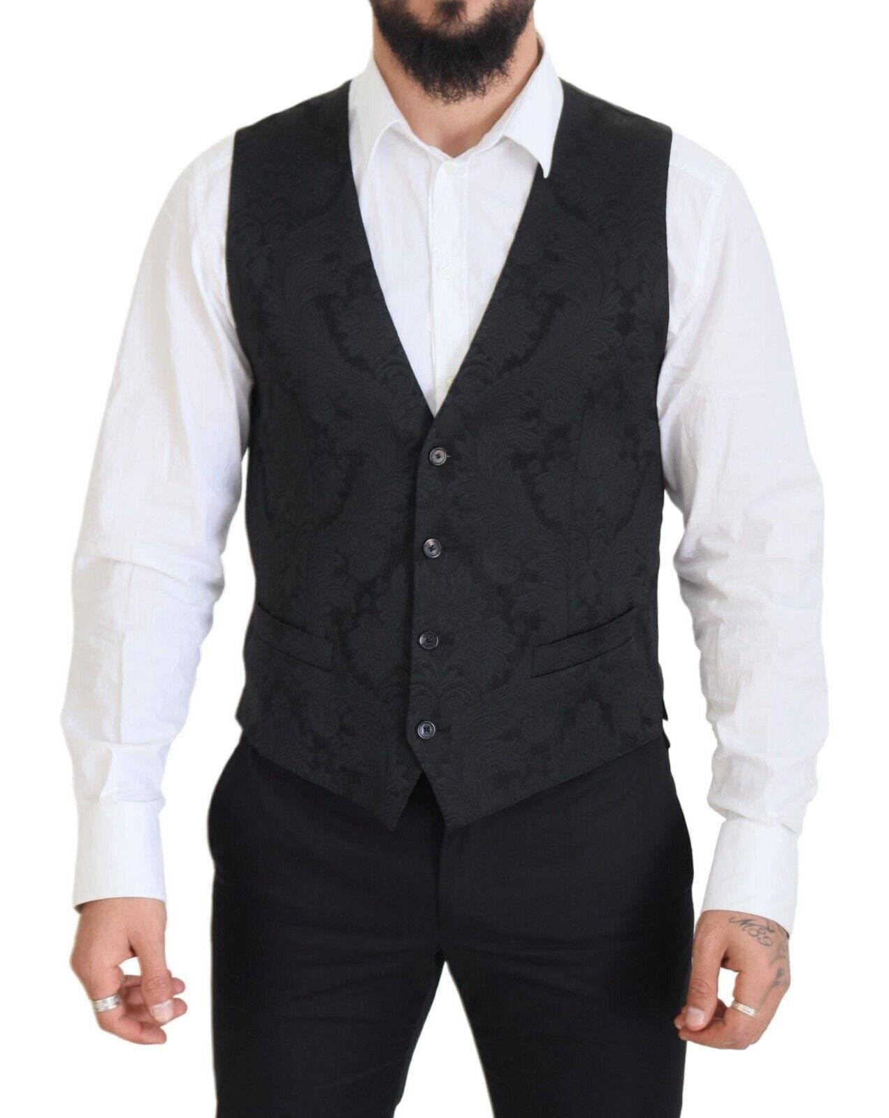 Costume deux pièces Dolce & Gabbana en brocart floral noir, élégant et sophistiqué pour homme.