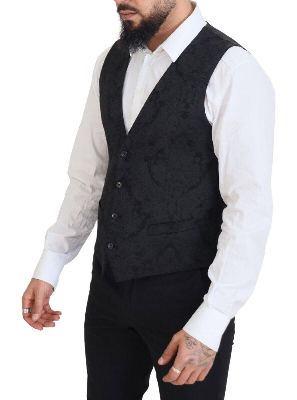 Costume deux pièces Dolce & Gabbana en brocart floral noir, élégant et sophistiqué, adapté pour les occasions habillées.