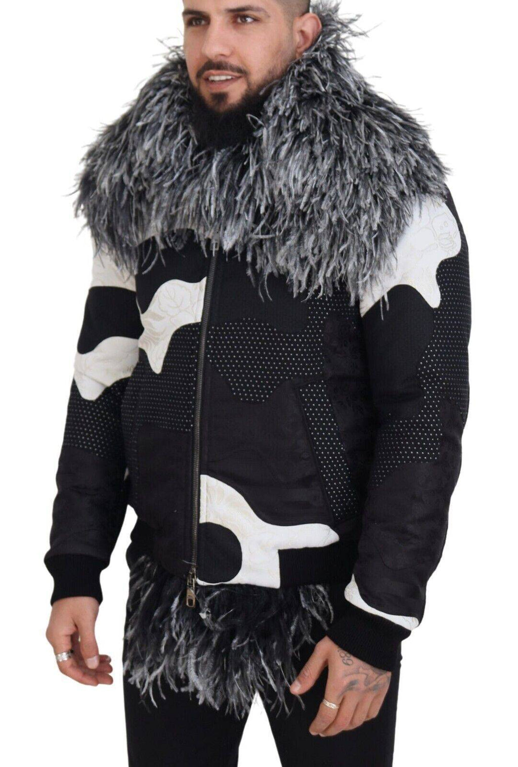 Veste en peau de mouton noir et blanc Dolce & Gabbana avec zip complet, doublure en fourrure, style élégant et chaud.