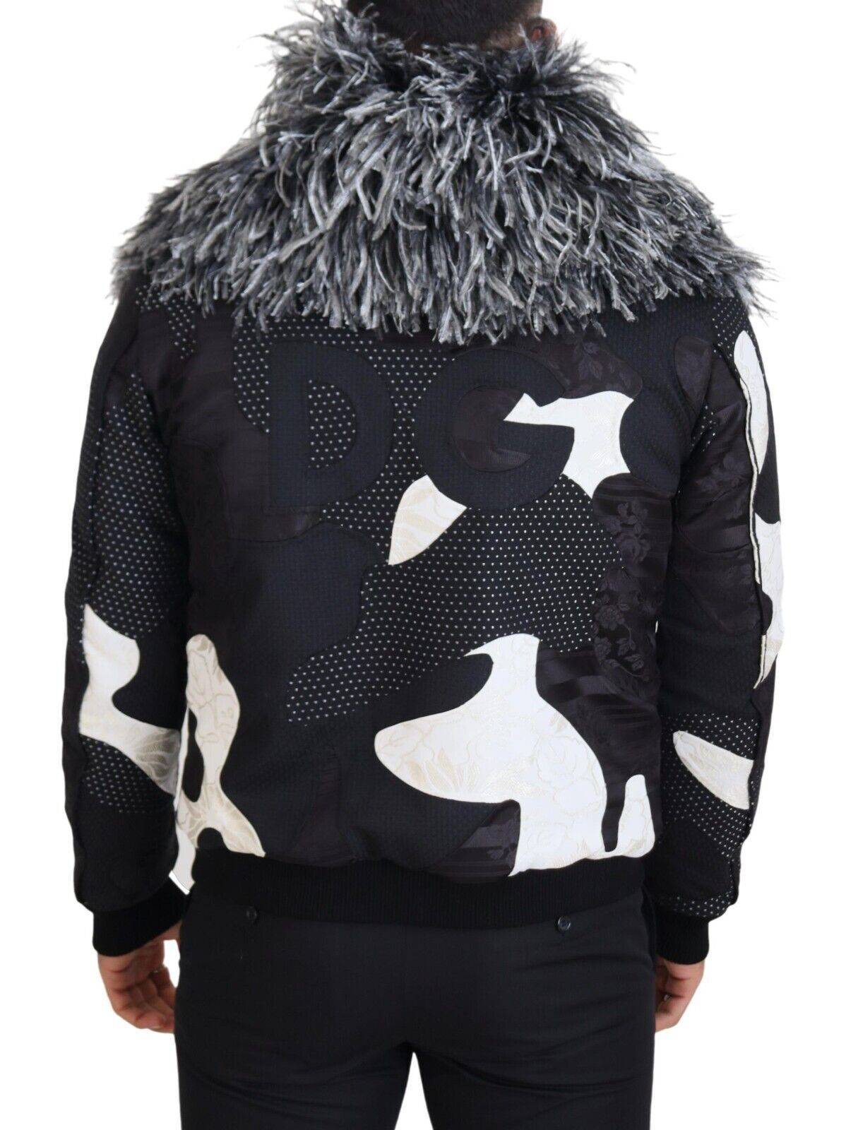 Veste en shearling noir et blanc Dolce & Gabbana avec fermeture éclair pleine longueur, détails en fourrure élégante.