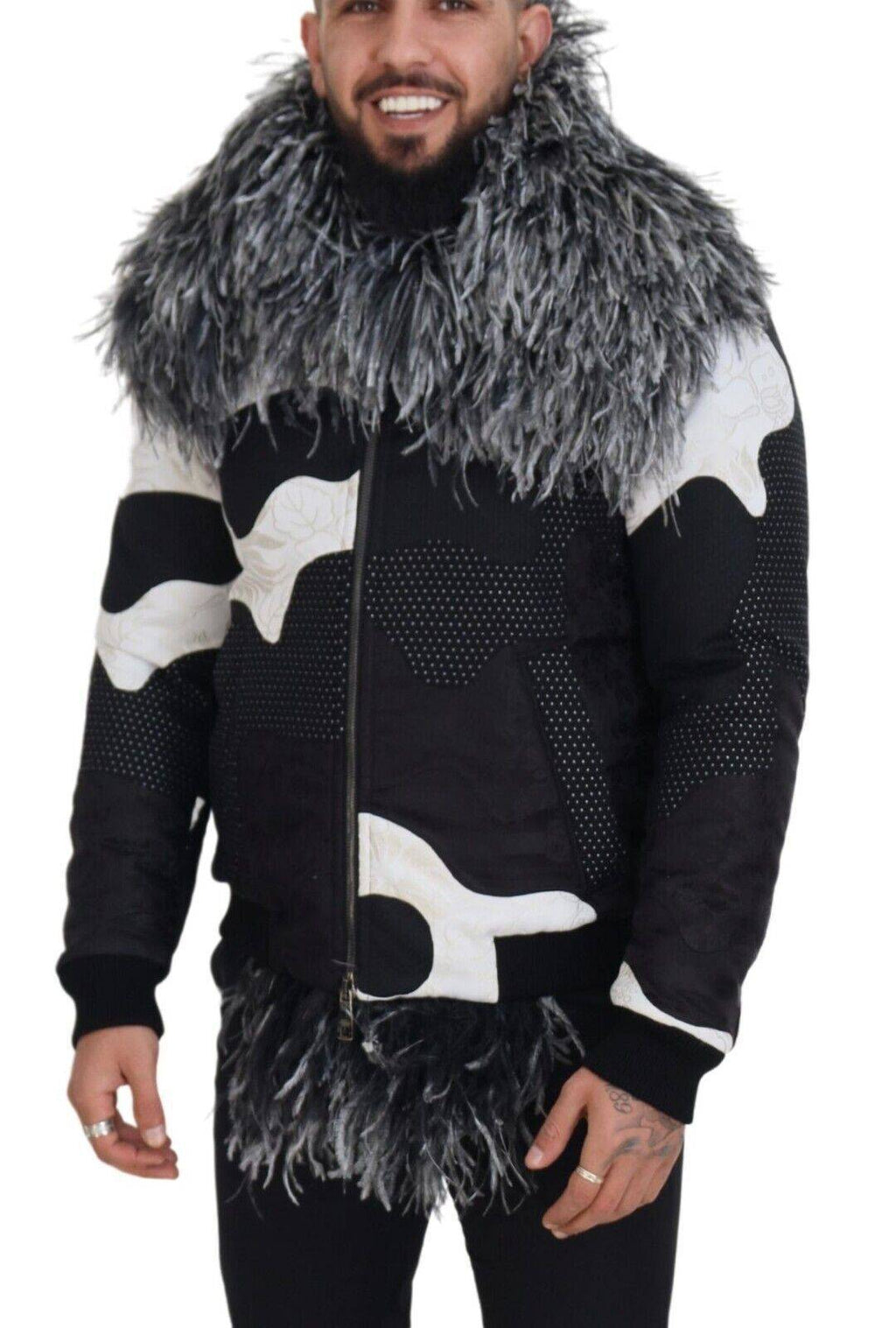 Veste en shearling noir et blanc Dolce & Gabbana avec fermeture éclair complète, fourrure douce et élégante.