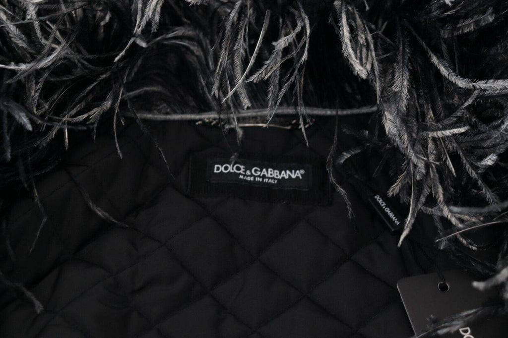 Veste en shearling noir et blanc Dolce & Gabbana avec fermeture éclair complète, doublure en fourrure, style chaud et élégant.