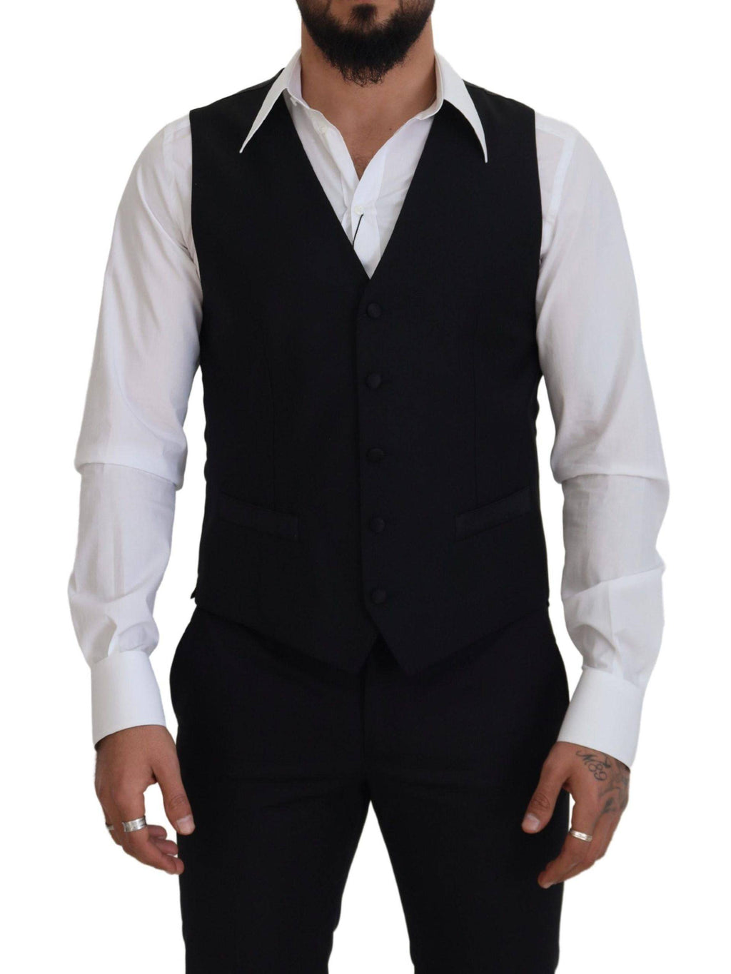 Gilet de costume noir en laine vierge Dolce & Gabbana, veste formelle élégante avec coupe ajustée et détails sophistiqués.