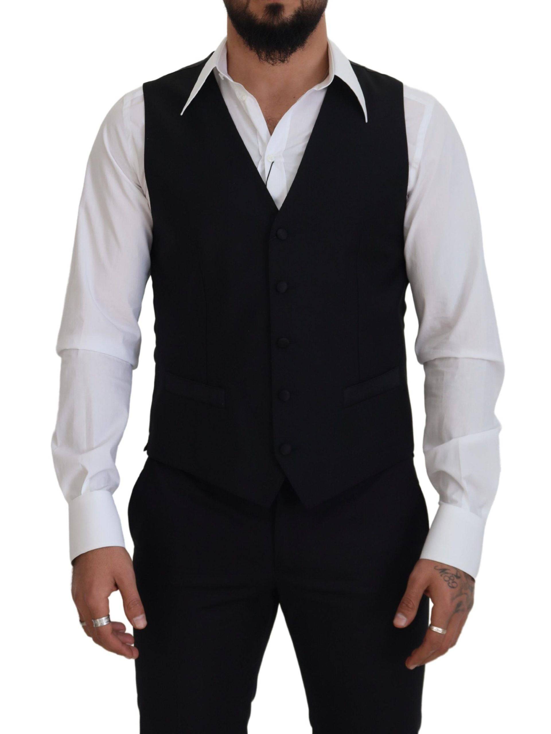 Gilet de costume noir en laine vierge Dolce & Gabbana, veste formelle élégante avec coupe ajustée et détails sophistiqués.