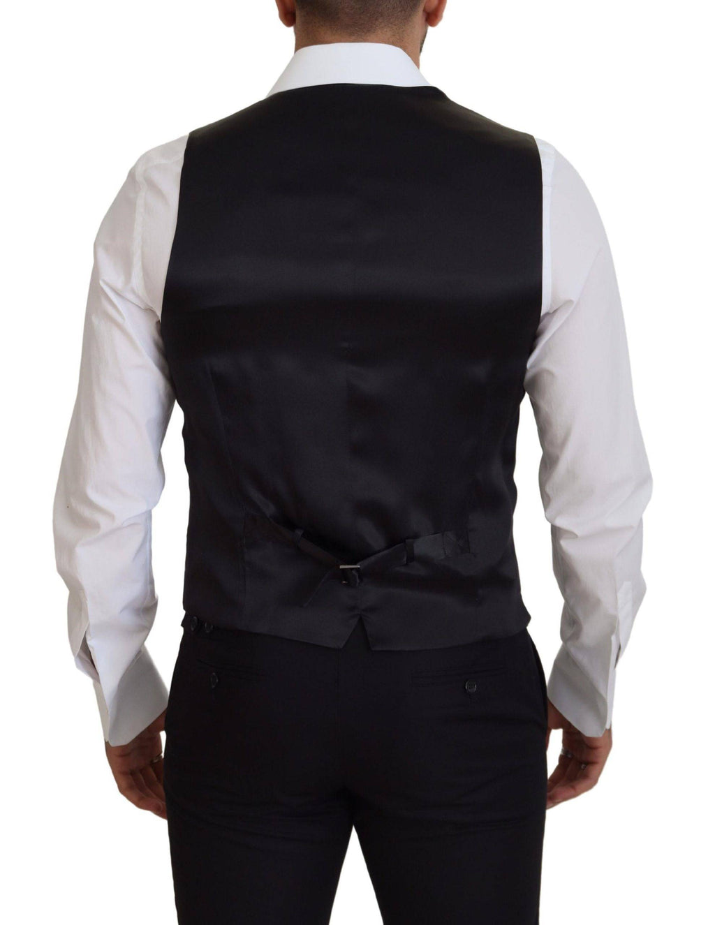 Gilet formel en laine vierge noire Dolce & Gabbana, veste élégante pour homme, détail en tissu de haute qualité.