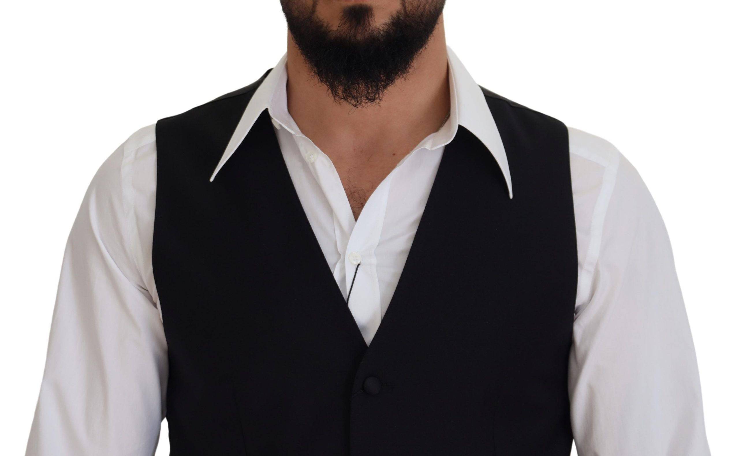 Gilet de costume noir en laine vierge de Dolce & Gabbana, veste formelle élégante pour homme.