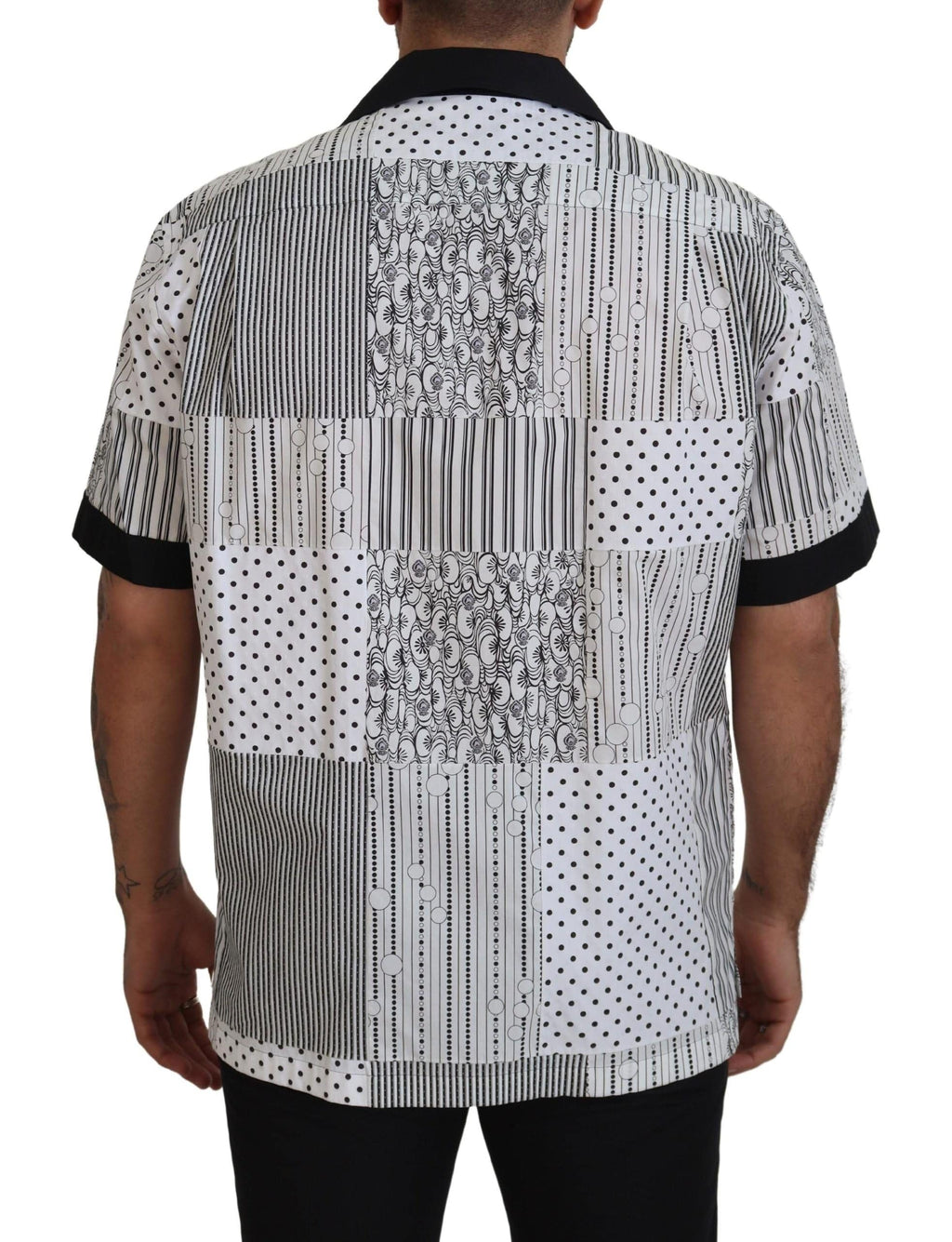 Chemise à boutons Dolce & Gabbana blanche et noire à motif, vêtement élégant en coton pour homme.